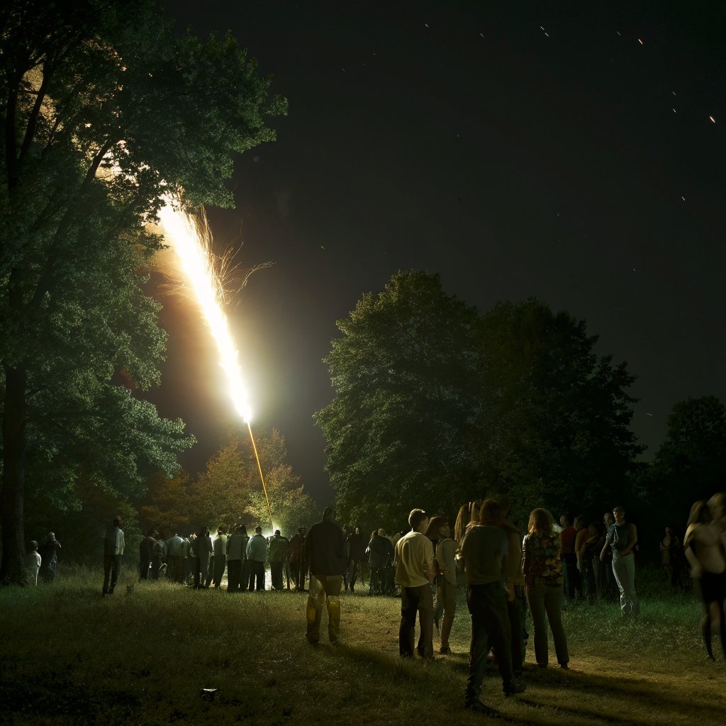 Sparks and fire blown into the night air above a crowd at an open-air rave
