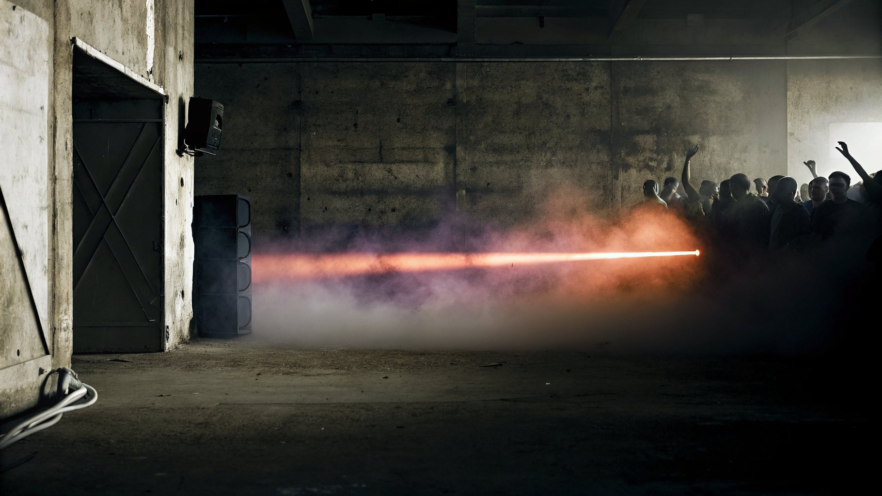 A single ember-orange light beam cuts through smoke in a raw concrete basement as a crowd dances in the dark